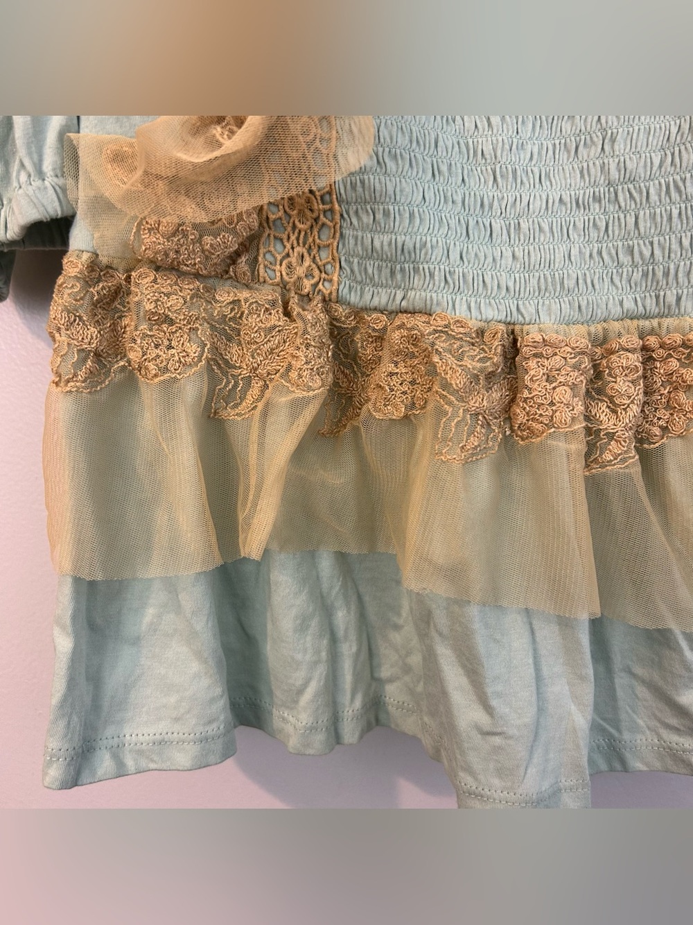 NWT Forever That Girl Blue/Tan Ruffle Lace Peplum Fairy Top Large Anthropologie - Picture 13 of 16